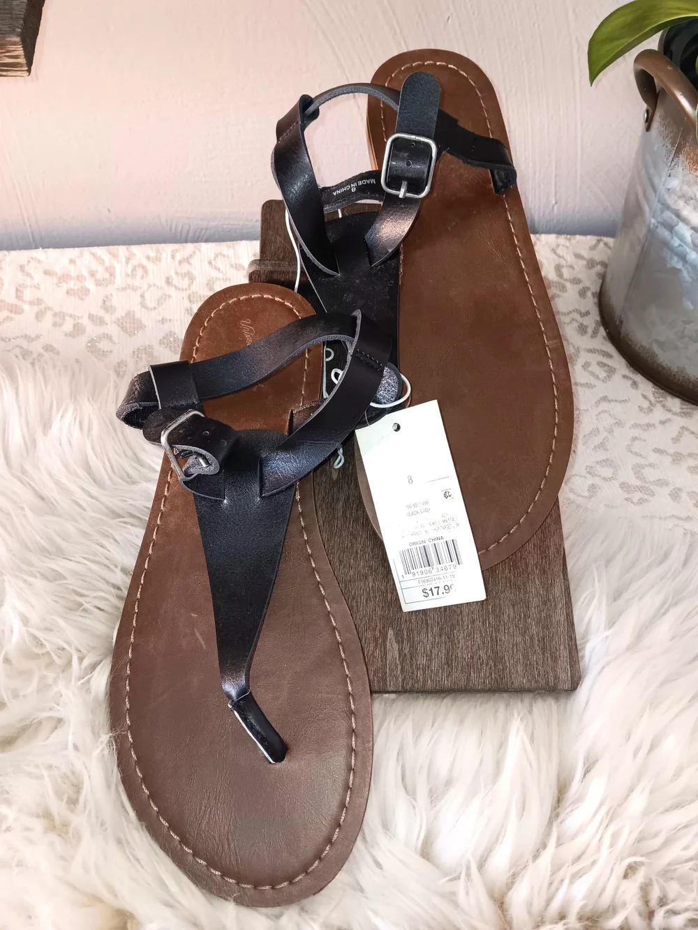 Black Strappy Leather-Look Women's Sandals